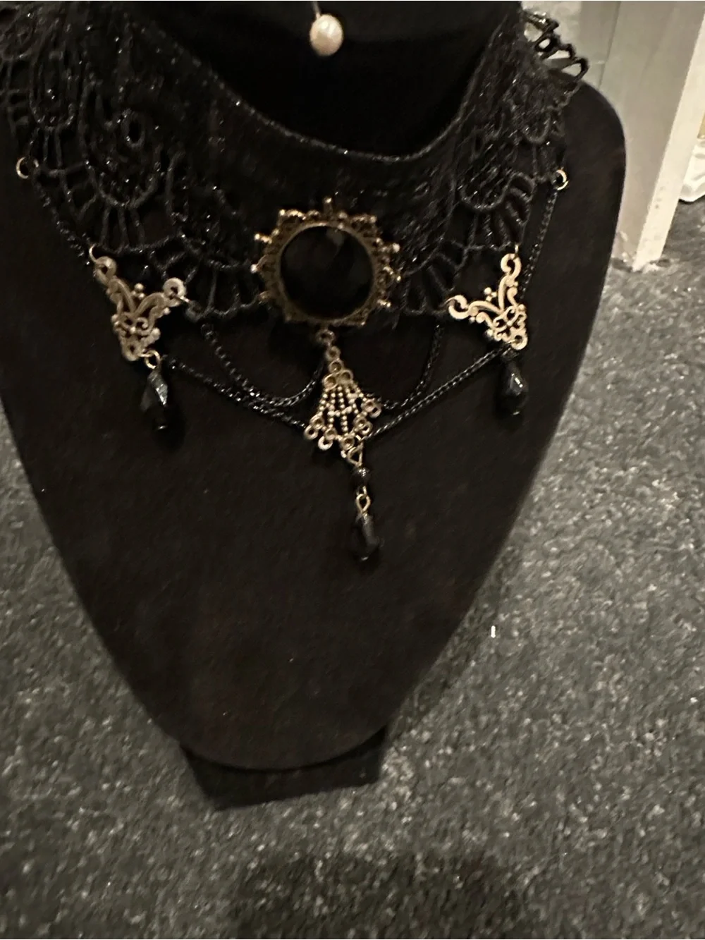 Victorian-Inspired Black Lace Choker Necklace with Gold Accents Chocker